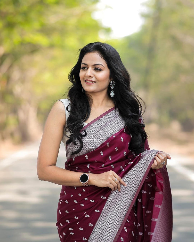 Exquisite Banarasi Silk Saree with Gold Zari Weaving Wine