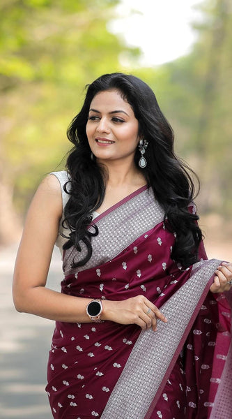 Exquisite Banarasi Silk Saree with Gold Zari Weaving Wine