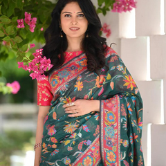 Printed Banarasi Silk Saree with Heavy Zari Brocade Green
