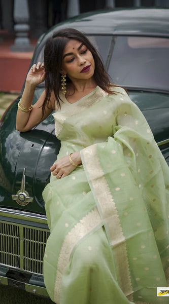 Elegant Banarasi Silk Saree with Gold Zari Embellishments Pista Green