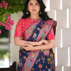 Printed Banarasi Silk Saree with Heavy Zari Brocade Navy Blue
