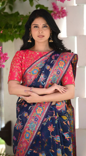 Printed Banarasi Silk Saree with Heavy Zari Brocade Navy Blue