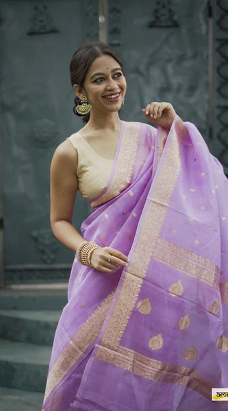 Elegant Banarasi Silk Saree with Gold Zari Embellishments Light Purple