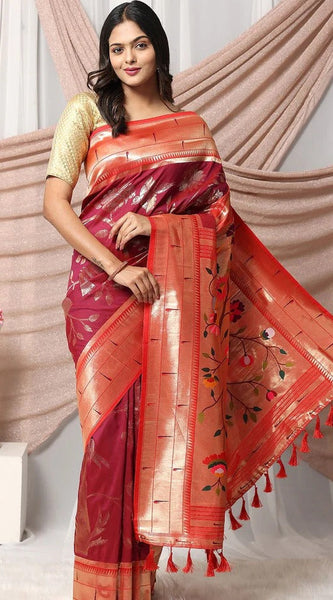 Authentic Banarasi Saree in Soft Silk Fabric Weaving Red Saree