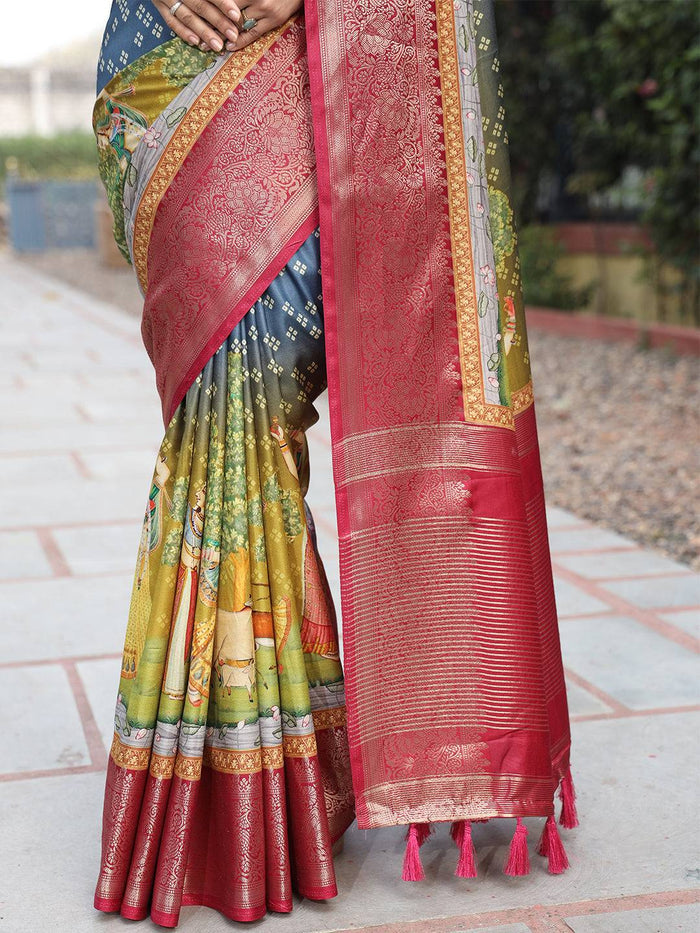 Premium Pure Viscose Dola Silk Saree & Pichwai Kalamkari Design