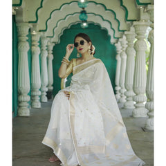 Elegant Banarasi Silk Saree with Gold Zari Embellishments White