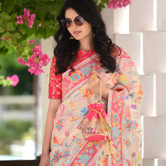 Printed Banarasi Silk Saree with Heavy Zari Brocade White