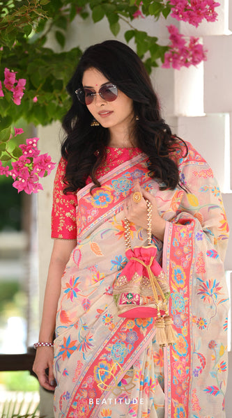 Printed Banarasi Silk Saree with Heavy Zari Brocade White
