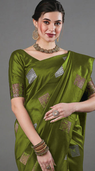 Ethnic Banarasi Saree – Handwoven Soft Silk Fabric Mehndi Saree