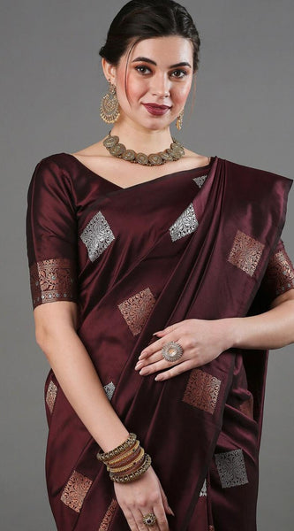 Ethnic Banarasi Saree – Handwoven Soft Silk Fabric Wine Saree