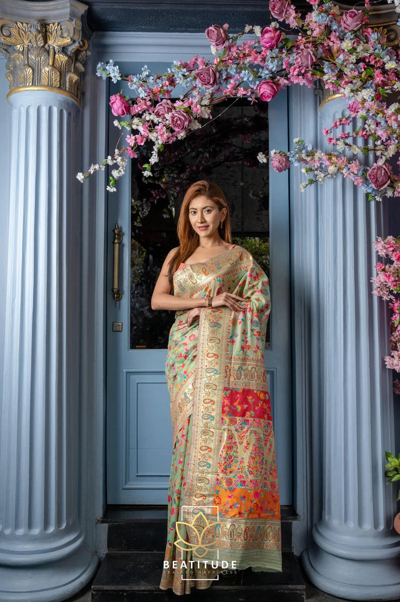 Wedding Special Banarasi Silk Saree with Zari Work Pasta Green