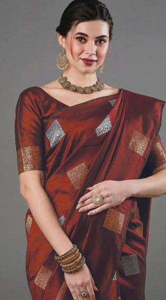 Ethnic Banarasi Saree – Handwoven Soft Silk Fabric Marron Saree