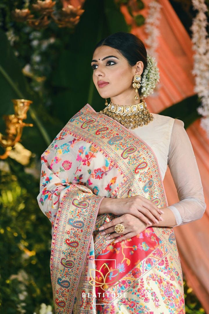Wedding Special Banarasi Silk Saree with Zari Work white