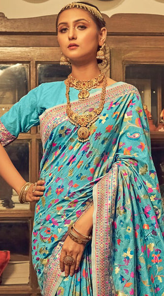 Pure Silk Banarasi Saree with Exquisite Zari Weaving Firozi