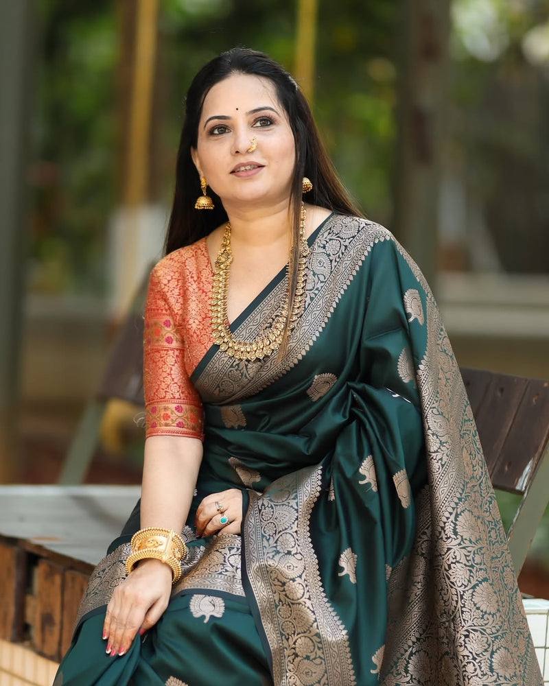 Regal Green & Gold Banarasi Silk Saree with Contrasting Red Brocade Blouse