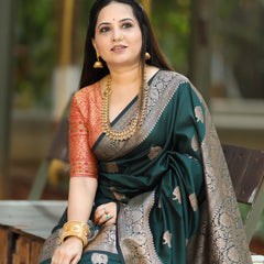 Regal Green & Gold Banarasi Silk Saree with Contrasting Red Brocade Blouse