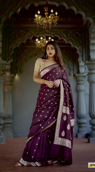 Elegant Banarasi Silk Saree with Gold Zari Embellishments Wine
