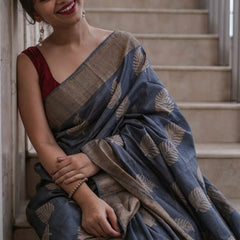 Traditional Banarasi Saree with Pure Silk Threads Grey