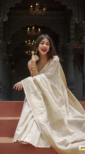 Elegant Banarasi Silk Saree with Gold Zari Embellishments Cream