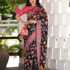 Printed Banarasi Silk Saree with Heavy Zari Brocade Black