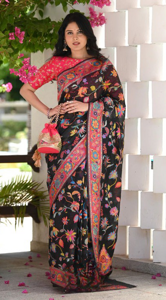 Printed Banarasi Silk Saree with Heavy Zari Brocade Black