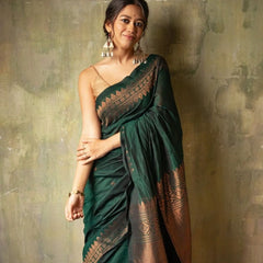 Extraordinary Green Soft Silk Saree With Intricate Blouse Piece