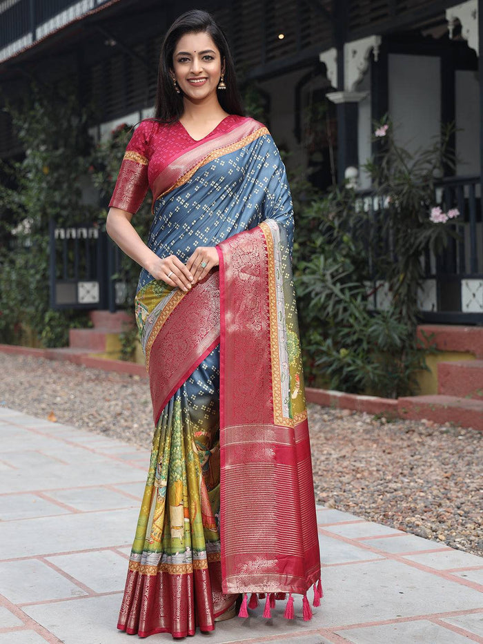 Premium Pure Viscose Dola Silk Saree & Pichwai Kalamkari Design