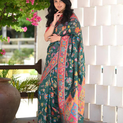Printed Banarasi Silk Saree with Heavy Zari Brocade Green