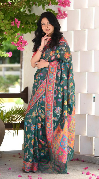 Printed Banarasi Silk Saree with Heavy Zari Brocade Green