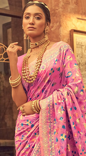 Pure Silk Banarasi Saree with Exquisite Zari Weaving Pink saree