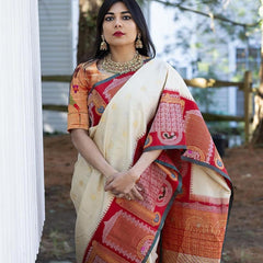 Pure Banarasi Silk Saree with Intricate Weaving White with red Big Border