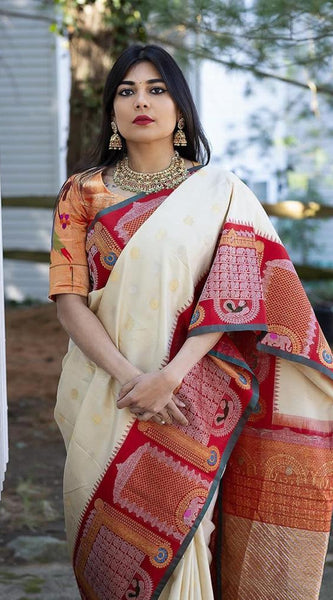 Pure Banarasi Silk Saree with Intricate Weaving White with red Big Border