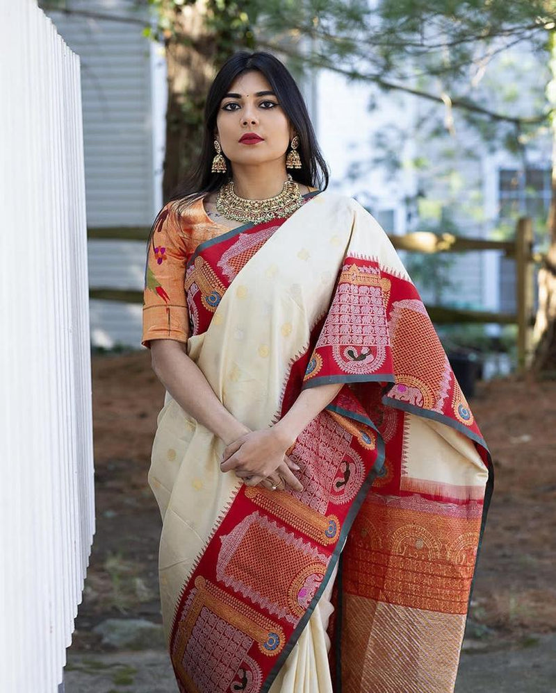 Pure Banarasi Silk Saree with Intricate Weaving White with red Big Border