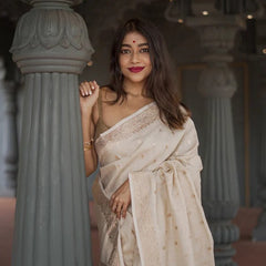 Elegant Banarasi Silk Saree with Gold Zari Embellishments Cream
