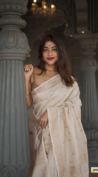 Elegant Banarasi Silk Saree with Gold Zari Embellishments Cream