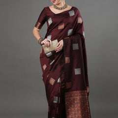 Ethnic Banarasi Saree – Handwoven Soft Silk Fabric Wine Saree