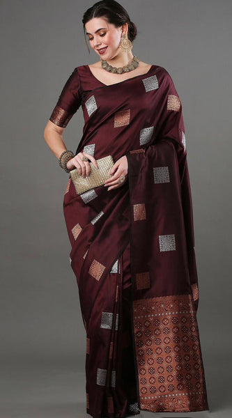 Ethnic Banarasi Saree – Handwoven Soft Silk Fabric Wine Saree