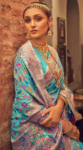 Pure Silk Banarasi Saree with Exquisite Zari Weaving Firozi