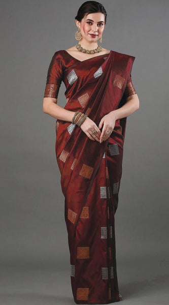 Ethnic Banarasi Saree – Handwoven Soft Silk Fabric Marron Saree