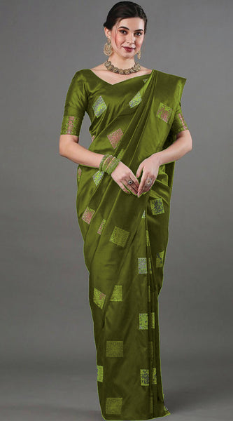 Ethnic Banarasi Saree – Handwoven Soft Silk Fabric Mehndi Saree