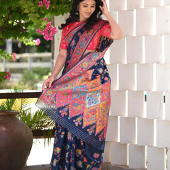 Printed Banarasi Silk Saree with Heavy Zari Brocade Navy Blue