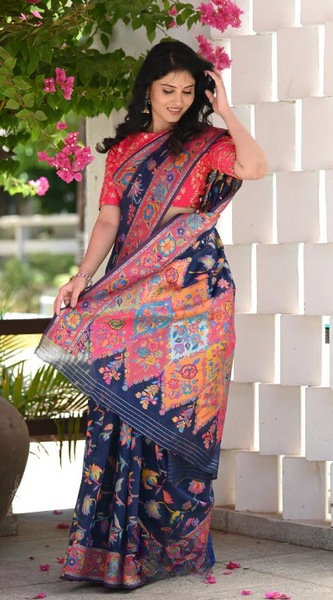 Printed Banarasi Silk Saree with Heavy Zari Brocade Navy Blue
