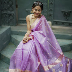 Elegant Banarasi Silk Saree with Gold Zari Embellishments Light Purple