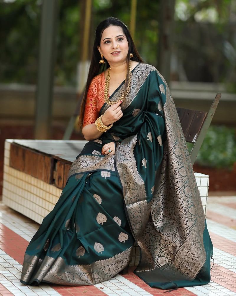 Regal Green & Gold Banarasi Silk Saree with Contrasting Red Brocade Blouse
