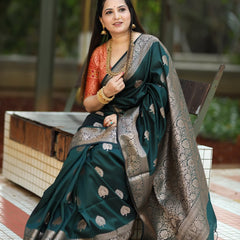 Regal Green & Gold Banarasi Silk Saree with Contrasting Red Brocade Blouse