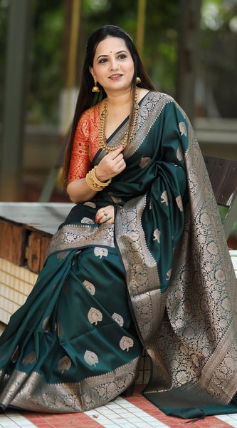 Regal Green & Gold Banarasi Silk Saree with Contrasting Red Brocade Blouse