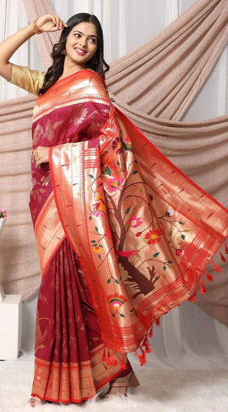 Authentic Banarasi Saree in Soft Silk Fabric Weaving Red Saree