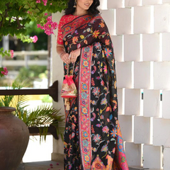 Printed Banarasi Silk Saree with Heavy Zari Brocade Black