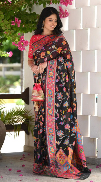Printed Banarasi Silk Saree with Heavy Zari Brocade Black