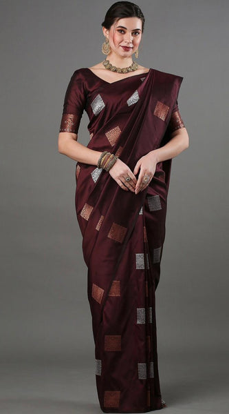 Ethnic Banarasi Saree – Handwoven Soft Silk Fabric Wine Saree